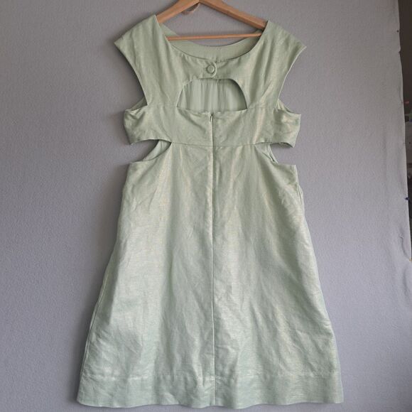 Maeve Anthropologie Shift Dress Women 14 Mint Metallic Green Linen Mentha Cutout - Picture 2 of 15